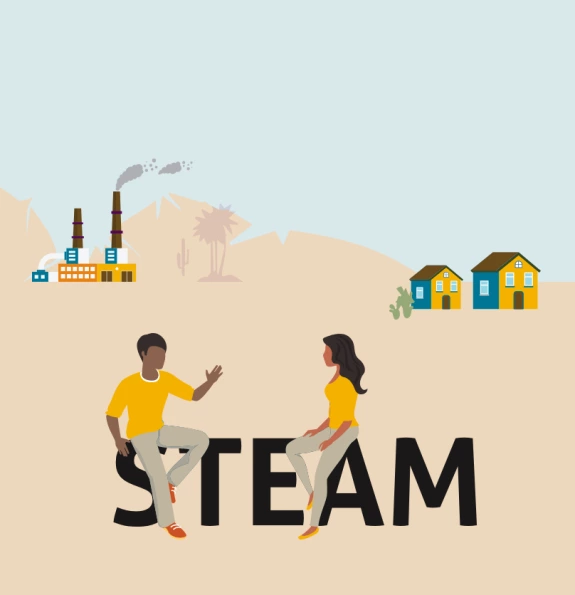 Illustration of people in the desert and talking